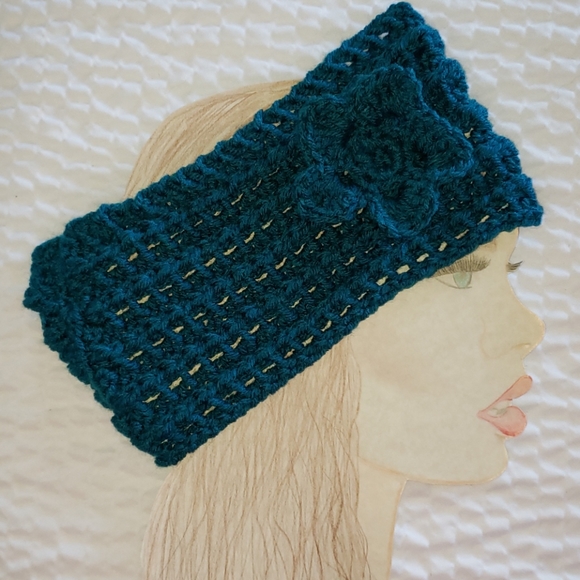 Turquoise Headband. Knitted Flower. Soft. Warm - Picture 3 of 6